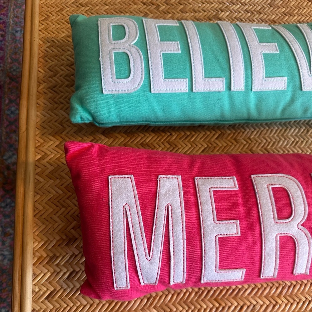 Turquoise “Believe” and Pink “Merry” Throw Accent Pillows Set of 2 - Picture 6 of 7